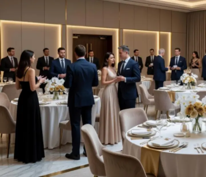 Elegancka sala podczas eventu firmowego z gośćmi w wieczorowych strojach